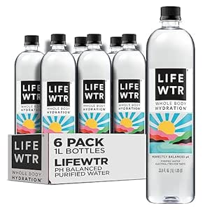 LIFEWTR Premium Purified Water, pH Balanced with Electrolytes, 100% recycled plastic bottles, 33.8 Fl Oz, 1L (Pack of 6)
