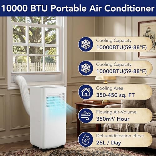 Image of 10,000 BTU Portable Air Conditioner Unit, Cools Rooms Up to 450 Sq Ft, 3-in-1 Built-in Dehumidifier & Fan, Ultra-Quiet Operation with Remote, Window Venting Kit for Bedroom, Office, Home