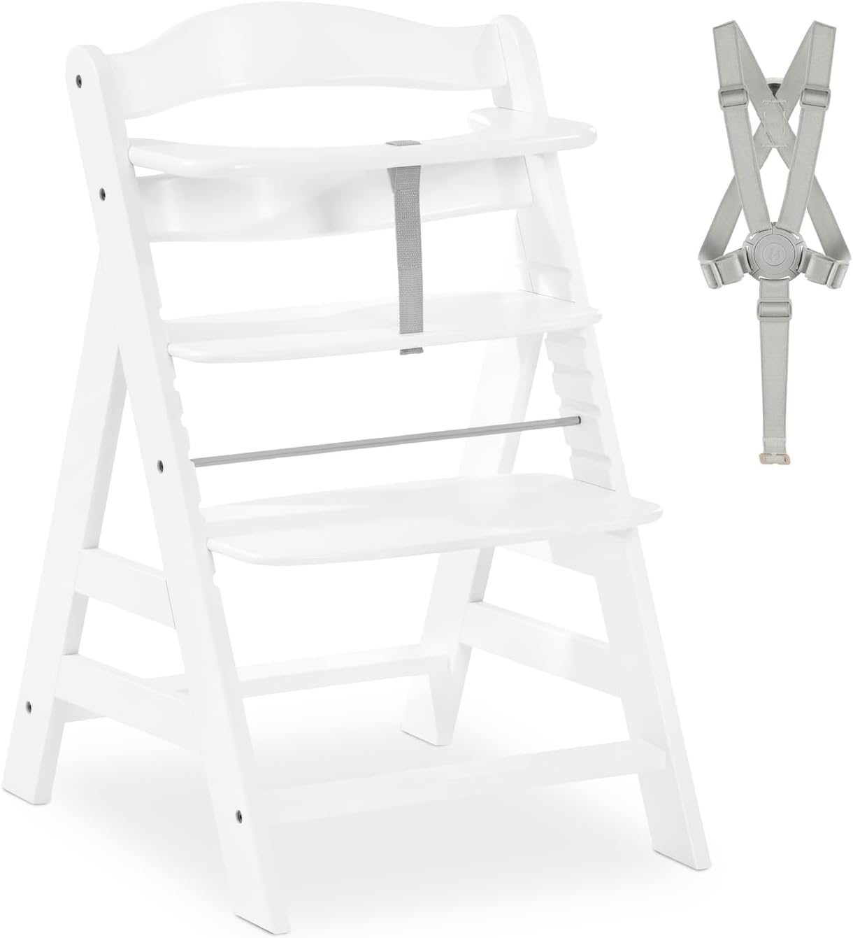 Alpha+, White - Wooden High Chair 6 Months to Adult Sustainable FSC® Certified Beechwood Toddler Feeding and Entertainment Chair, Inclusive 5-Point Harness Bumper Bar Crotch Strap
