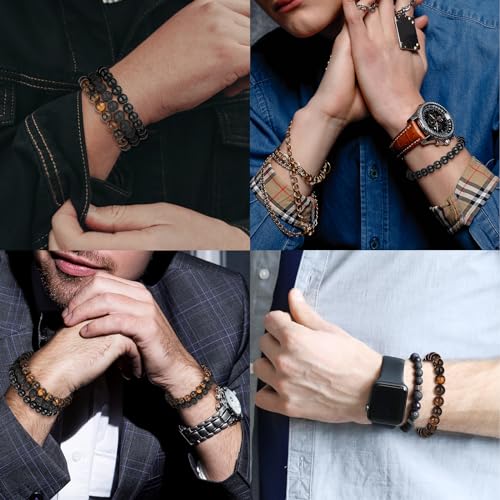 3 Pcs Men Beaded Wrist Bracelet Set Elastic 8mm Bead Lava Rock Eye Mens Beaded Bracelets Jewelry Stretch Stone Black Crystal Round Bead for Men Women Gift3