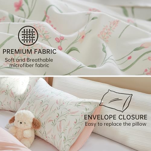 Image of BOLINLIVING Pink Floral Duvet Cover Queen Size, Reversible Botanical Spring Duvet Cover Set with 2 Pillowcases, Breathable Soft Microfiber Bedding Set for All Season with Zipper Closure