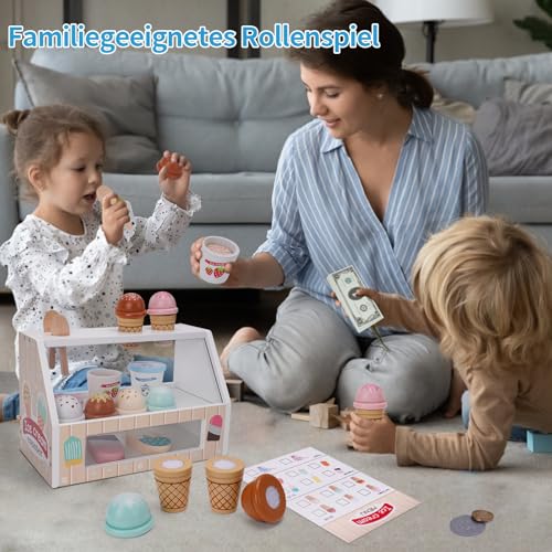 Eisdiele Kinder Holz, Kinderküche Zubehör ab 3 Jahre, Holzspielzeug Spielküche Zubehör, Eisladen Kinder Holz Einkaufsladen, Montessori Spielzeug Weihnachten Kinderspielzeug für Jungen Mädchen