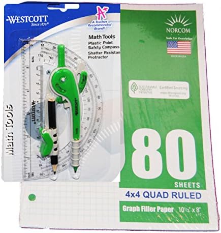 Geometry Set: 80 Sheets of 3 holed Graph Paper, Compass and Protractor (blue/green)
