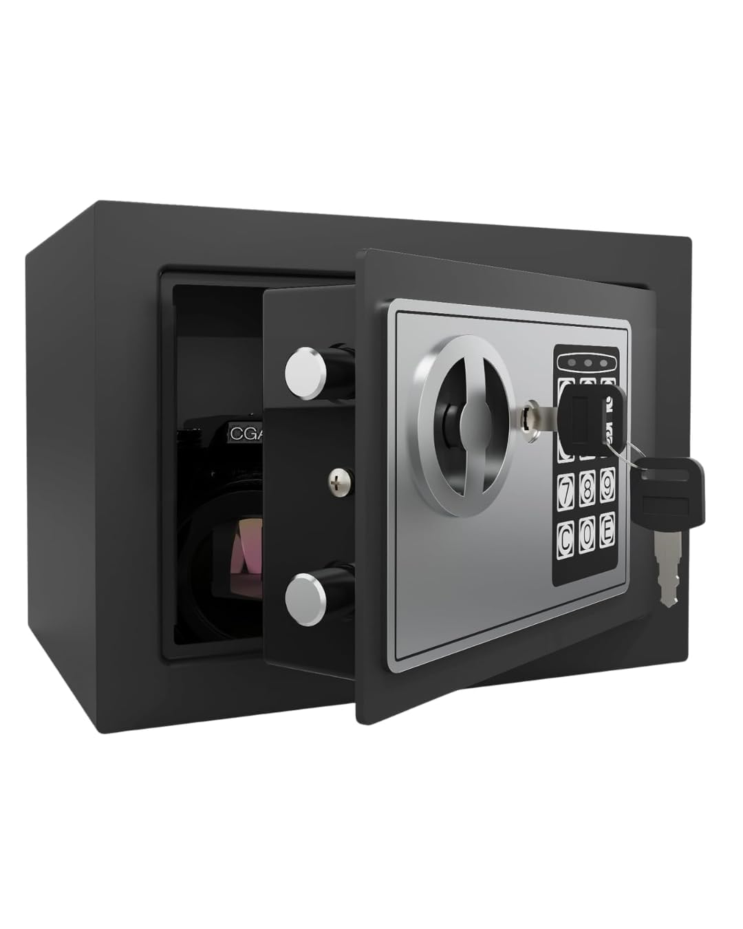 Home Safe for Money - Digital Small Box for Cash and Coin, Kids Bank with Keys & Code - Mini Safe for Home, 6.69"D x 9.05"W x 6.69"H, 0.236 Cu.Ft.