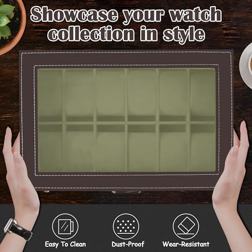 Image of Ogrmar 12 Slot PU Leather Lockable Watch Storage Boxes, Men & Women Jewelry Display Drawer Case, 2-tier Organizer Watch Showcase with Glass Lid (Brown)