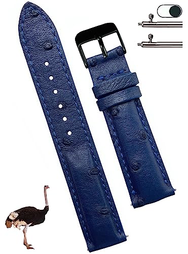 vinacreations 19mm Navy Blue Ostrich Leather Watch Band Men Quick Release Replacement Strap Extra Soft Handmade Wristband Stainless Steel Buckle, Father's Day Gift for Dad Son Husband DH-184B-19MM