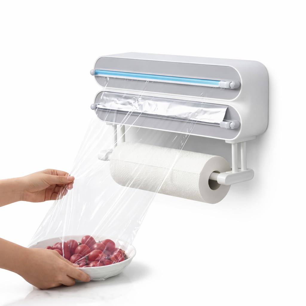 3 in 1 Wrap Organizer With Cutter - 2 Rolls of Plastic Wrap and Aluminum Foil Dispenser, Magnetic Paper Towel Holder for Fridge, Foil and Plastic Organizer-image-10