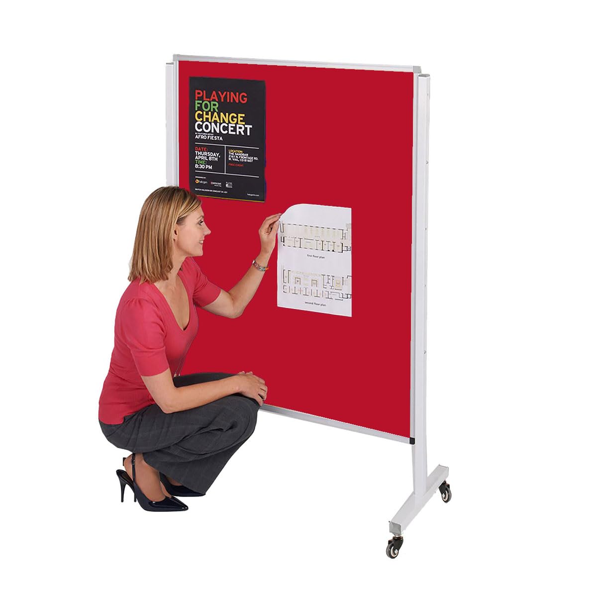 Mobile Height-Adjustable Felt Noticeboard, Double-Sided Exhibition Display Pinboard, Aluminium Frame, Lockable Castor Wheels - Ideal for Office, School (Red - (H) 120 x (W) 90 cm)