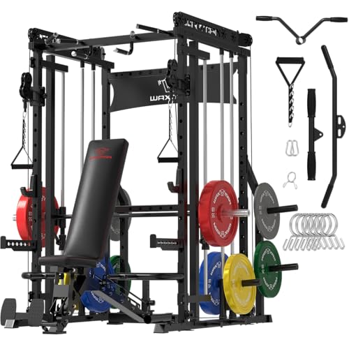 Waxman Smith Machine with Cable Crossover System, Multi - Function Squat Rack Power Cage for Home Gym & Power Rack Packages with 340lBS Color Plates