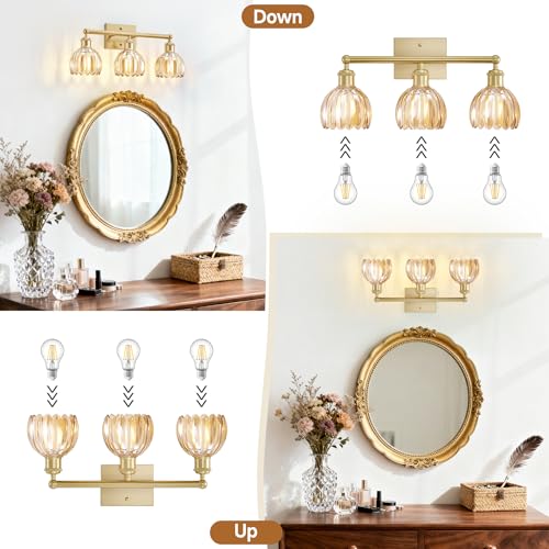 Image of Bathroom Vanity Light 3 Light, 20 in Brushed Brass Bathroom Light Fixtures, Vintage Wall Sconces,Bath Vanity Lights Over Mirror with Amber Tulip Glass Shade for Bedroom Living Room,E26 Base