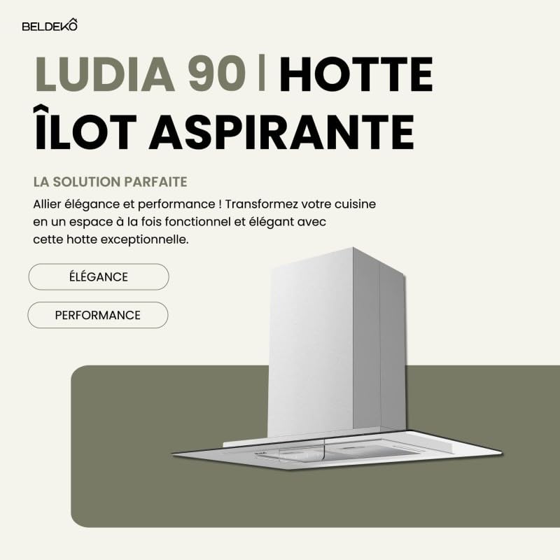 BELDEKO Hotte Îlot 90 cm Inox 556 m3/h 3 Vitesses - Marque Française