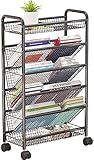 Carrito utilitario de metal de 6 niveles, carrito de libros en forma de V con ruedas bloqueables, estantería móvil para oficina, escuela y hogar, solución de almacenamiento de estante negro