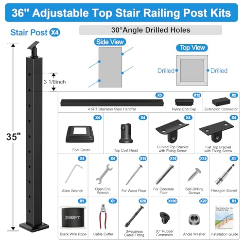 Image of 12FT-20FT Swageless Stair Cable Railing Post kit with Handrail,36 inch | Black Cable Railing System for Stair, Include 4 Pack 35 inch Stair Posts, 3 Pack 4.5FT Handrails w /Connectors, 250FT Wire Rope