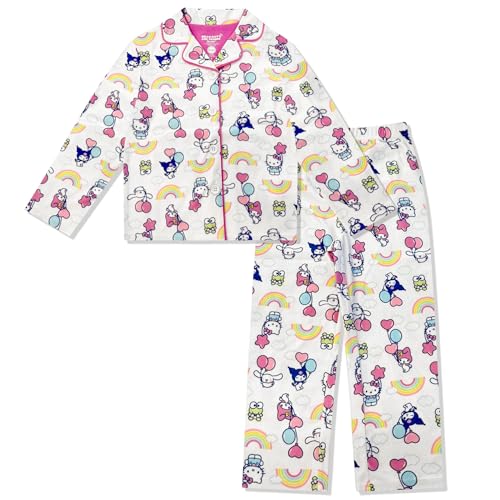Hello Kitty Girls Pajama Set - 2 Piece Cozy Girls Pjs Button Down Long Sleeve & Pants For Kids - Official Product White