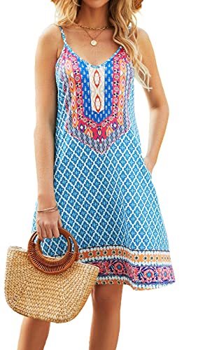 Swimsuit Coverup Dress For Women Kenn Length Sundress Pockets Bohemian Flowy T-Shirt Short Dresses(M,A-Blue Print) #TOP10