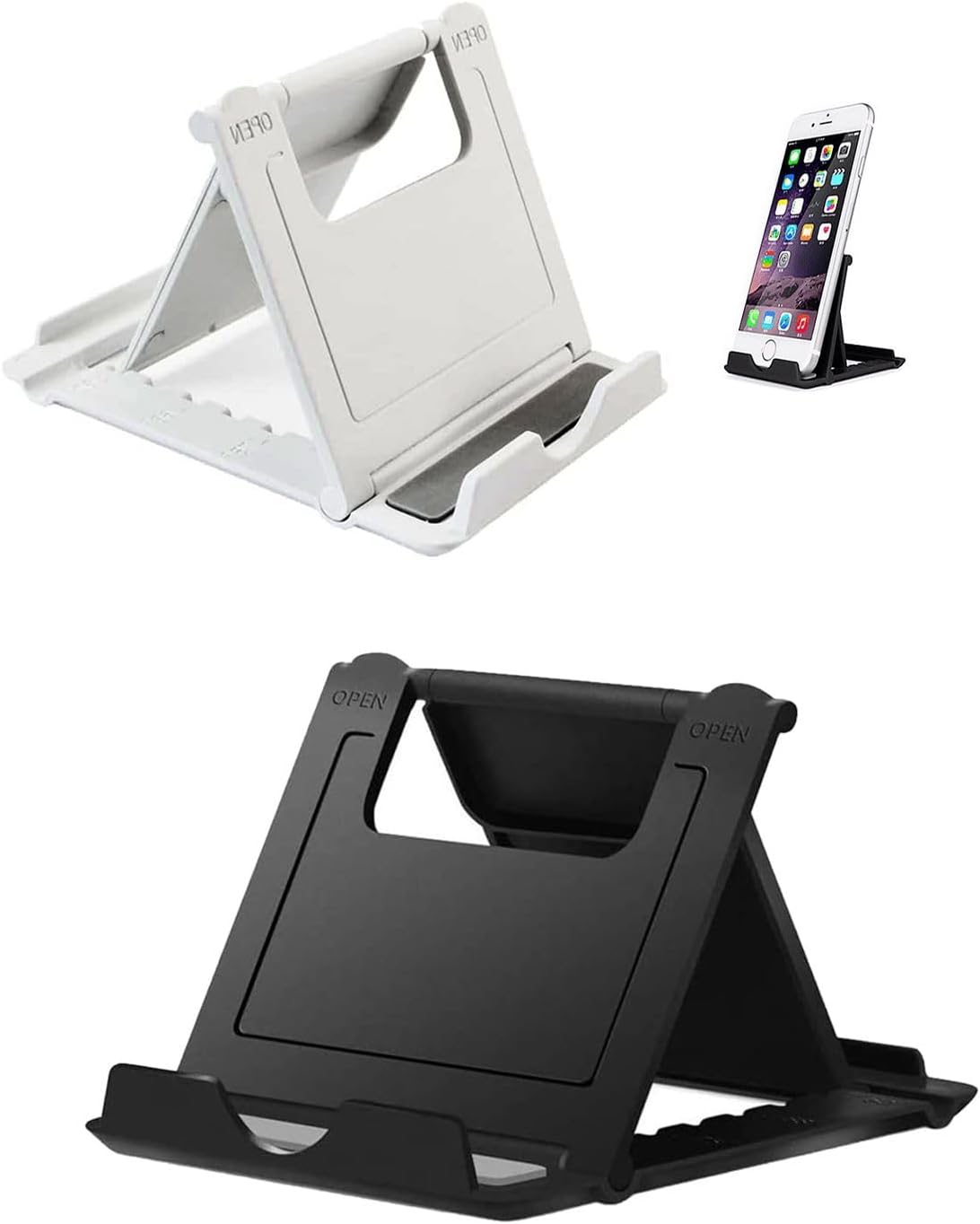 Portable Cell Phone Stand Holder for Desk, 【2 Pack】 Foldable Pocket-Sized Adjustable Mount, Universal Desktop Kickstand Compatible with iPhone, iPad, Kindle & Android Devices - Black & White