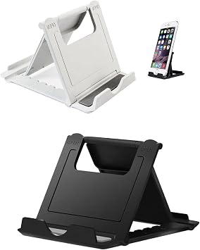 Portable Cell Phone Stand Holder for Desk, 2 Pack Foldable Pocket-Sized Adjustable Mount, Universal Desktop Kickstand Compatible with iPhone, iPad, Kindle & Android Devices - Black & White