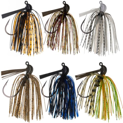 Reaction Tackle Flipping Jigs for Bass Fishing Weedless Jig Head with Silicone Skirt for Pike Walleye and Muskie Fishing - 1/4 Oz (6-Pack Variety 1 of Each Color)