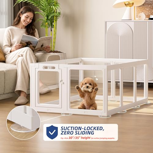 Image of Clear Acrylic Dog Playpen Indoor, Puppy Cat Small Pet Play Pen, Pet Cat Playpen for Rabbits, Dog Fence Crate Kennel Whelping Cage (24 inch, White, 10 Panels)
