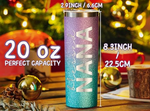 Image of Onebttl Christian Grandma Gifts for Mother's Day, 20oz Purple & Blue Glitter Skinny Tumbler, Straw & Lid Included, Nana Gifts - Blessed Nana