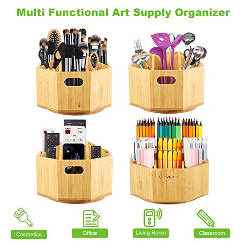 Comokin Bamboo Art Supply Organizer, 360 Degree Rotating Pencil Pen Holder With 9 Compartments, Hold 350+ Pencils, Desktop Storage Caddy For Colored Pencils, Remote Control With Removable Divider #TOP25