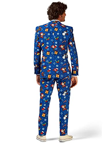 Opposuits Men's Christmas Suit - Pixel Art Merry X-Mas Icons Outfit - Slim Fit - Blue - Includes Blazer, Pants And Tie - Size Us 38 #TOP2
