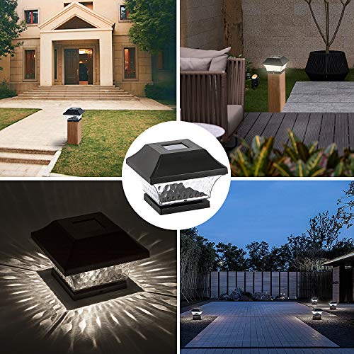 Solar Post Cap Lights Outdoor- 4 Pack LED Fence Post Lights for Wooden Posts Warm White Waterproof for Deck, Patio or Garden Decoration (Black)