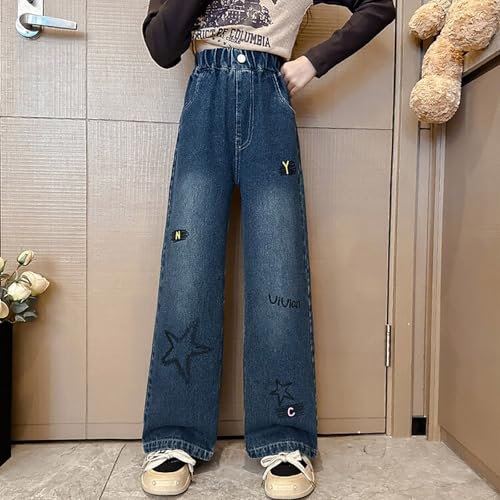 Kids Girls Baggy Jeans Floral Embroidery Elastic Wasit Wide Leg Loose fit Denim Pants Cute Casual Trousers with Pockets2