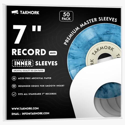 TAKMORK 7-Inch Vinyl Record Inner Paper Sleeves for 45 RPM Singles - Premium 80gsm Paper Replacement Protective Inserts with Rounded Corners & Center Hole, White, 50pcs