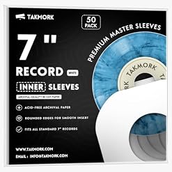 TAKMORK 7-Inch Vinyl Record Inner Paper Sleeves for 45 RPM Singles – Premium 80gsm Paper Replacement Protective Inserts with Rounded Corners & Center Hole, White, 50pcs - Les Beatles, Paul McCartney, John Lennon, RIngo Starr, George Harrison
