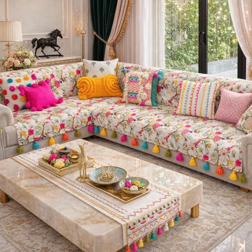 Image of Neutral Tropical Floral Sofa Cover Tassels: Thick Fabric L-Shape Sofa Cover, Washable: Seat & Front Back Protection -Set of 3 Seat Covers & Single Back Cover- L Shape (2 Seater + Lounger + Ottoman)