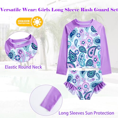 Image of Funnycokid Girls Swimsuit 3 Pieces Long Sleeve Rash Guard Set Tankini Bathing Suits Summer Kids Swimwear 3-10 Years
