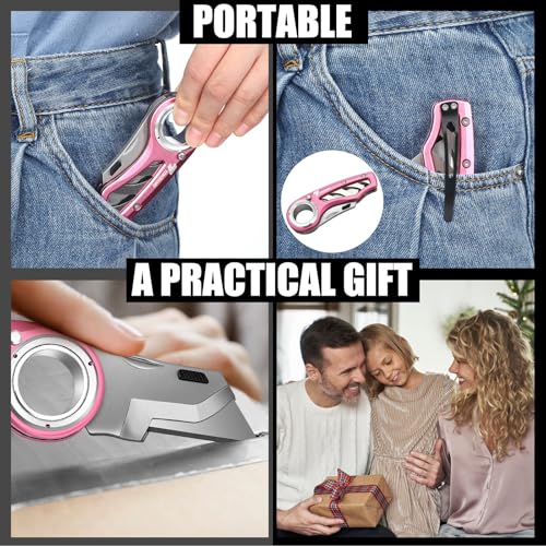 Image of Tondiamo 2 Pcs Folding Pocket Utility Knife Heavy Duty Box Cutter Folding Razor Knife with Anti Slip Finger Loop Easy Change Blades 3 Lock Positions Design (Pink)