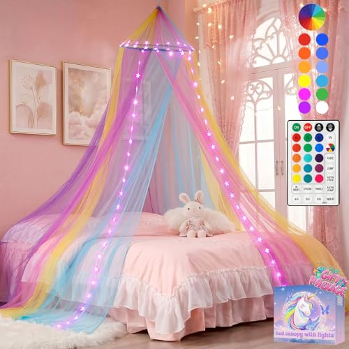 HEYCOLOR Regenbogen Betthimmel Mädchen mit Lichtern, 24 Farben Himmelbett Vorhänge LED-Stern Fee Lichter Prinzessin Baldachin Remote Timer für Kinderzimmer Zelt Twin Full Queen King Size Bett