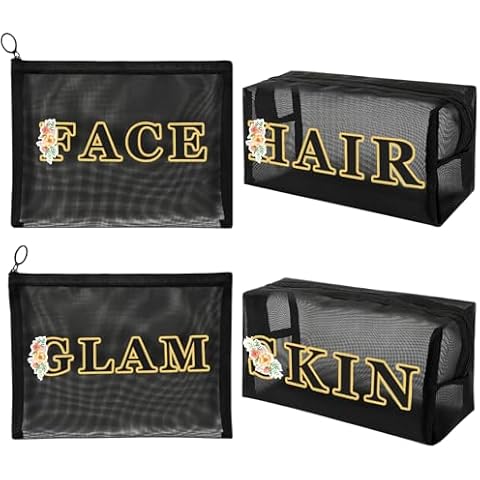 JOINDO 4Pcs Mesh Zipper Pouch Bags,Preppy Letter Makeup Bag,Travel Makeup Pouches for toiletries,Small Mesh Cosmetic Pouches for Travel Organization (Black) Cover