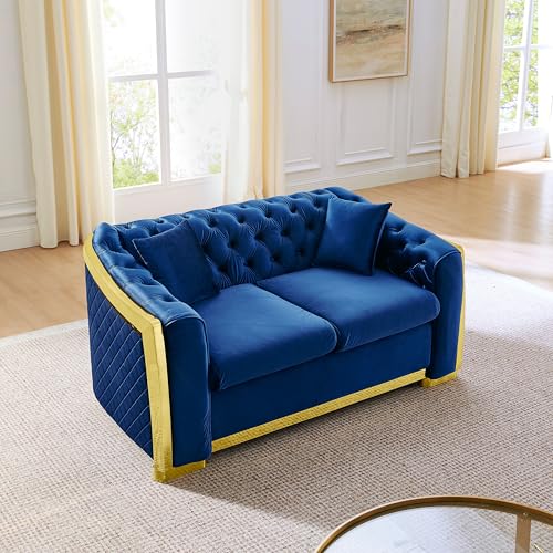 Image of KEIKI 62 inch Luxury Oversized Velvet Chesterfield Sofa with 2 Pillow & Gold Stainless Decoration, Italian Modern Style 2-Seater Button Tufted Couch with Rolled Arms, Easy Assembly, for Living Room, Navy
