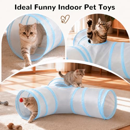 Image of Tempcore Cat Tunnel, 3-Way Collapsible Toy, Large Size Light Grey & Blue | Large Size 3-Way Cat Tunnel Provides More Room for Cats to Run, Hide and Chase, with Peek Holes, Hanging Ball and Teaser Wand