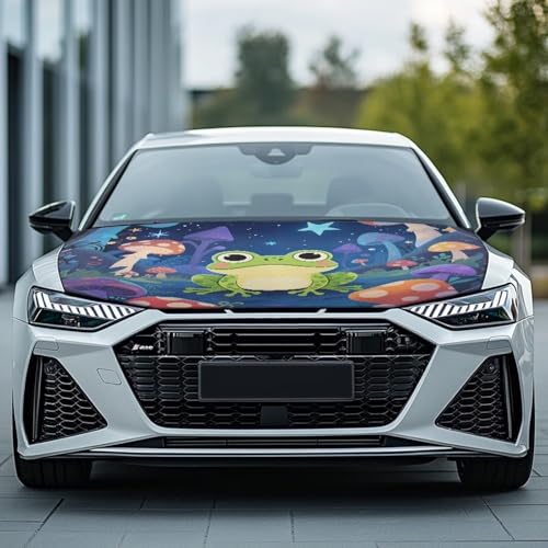 Image of Cartoon Frog Mushroom Car Hood Protector, Adorable Cute Frog Can be Washed Automotive Exterior Accessories for Car Hood Decoration and Protection(3X5FT) Mushroom Forest
