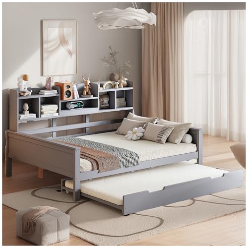 Wyibwy Cama de matrimonio de 140 x 200 cm, con almacenamiento y somier de láminas, cama nido de madera maciza, cama multifuncional de pino, cama de madera, sin colchón, gris