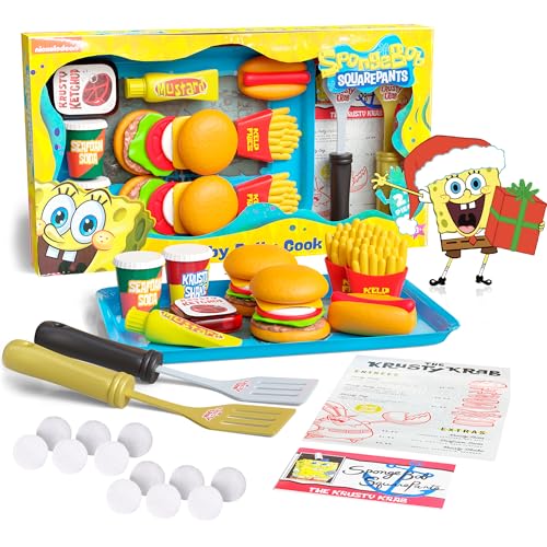 Spongebob Kids Kitchen Playset - Interactive Play Food with 2 Krabby Patty Burgers, Seafoam Shake, Kelp Fries, Spongebob Toys Kitchen Set for Kids Ages 3-5 Includes Velcro Dots
