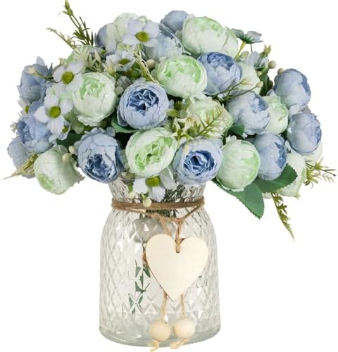 DuHouse 6 Packs Peonies Artificial Flowers,Fake Peonies Bouquet for Wedding Centerpiece Table Party Home Decor(Blue-Mint Green)