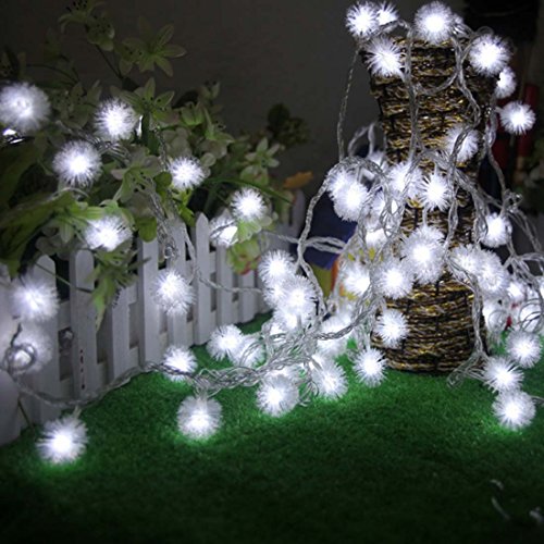 Amants01 16.5ft/5M Battery Operated 40 LED Furry Snowball String Lights Dandelion Christmas Fairy String Lights for Holiday, Wedding, Party Decoration (White)