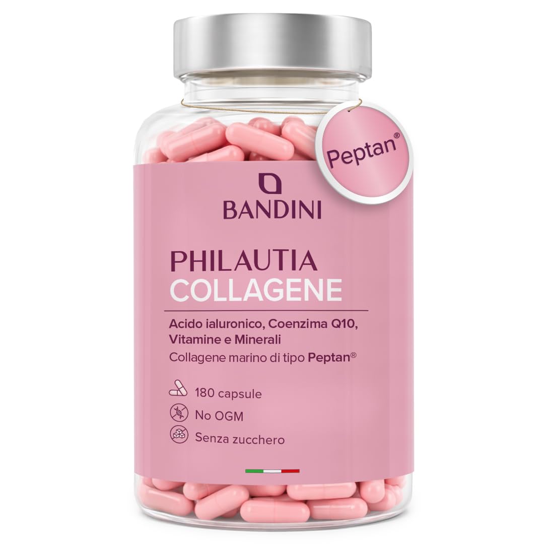 Bandini® Collagene Peptan® e Acido Ialuronico 180 Capsule, Collagene Marino Idrolizzato Tipo 1 con Coenzima Q10, Vitamina C, Biotina, Zinco e Selenio, Integratore Donne per Articolazioni, Pelle e Ossa