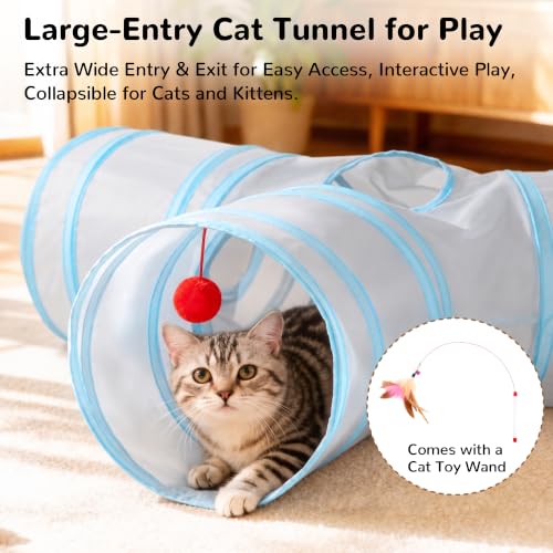 Image of Tempcore Cat Tunnel, 3-Way Collapsible Toy, Large Size Light Grey & Blue | Large Size 3-Way Cat Tunnel Provides More Room for Cats to Run, Hide and Chase, with Peek Holes, Hanging Ball and Teaser Wand