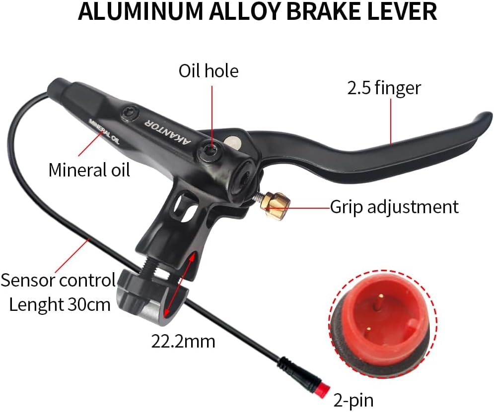 AKANTOR 2-Pin Ebike Hydraulic Disc Brake Set with 160mm Rotors 2-Pistons Power-Off Electric Bike Brake Kit Front 1200mm Right Rear 2200mm for Electric bike/Mountain Bike/Electric Scooter/BMX