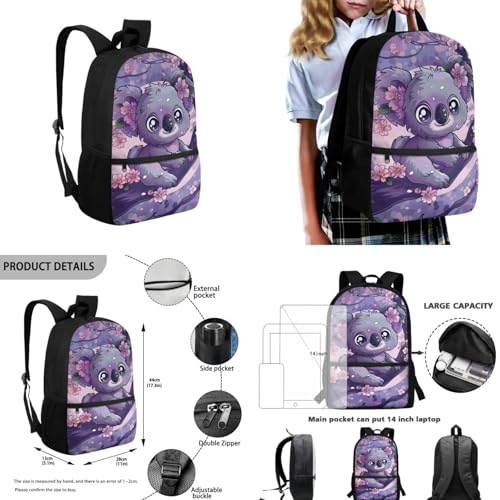 Cherry Blossom Koala Backpack for Girls Kids Backpack with Lunch Box Water Bottle Holder with Strap and Aesthetic Pencil Case 4PCS Set Cute Bookbag with Front Pocket 17 inch Kawaii School Bag3