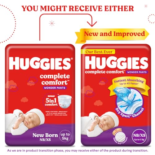 Image of Huggies Complete Comfort Wonder Pants | Pant Style Baby Diapers New Born / XS Size, 72 Count | India's Fastest Absorbing Diaper, Patented Dry Xpert Channel, Ideal for 0-5 Kgs