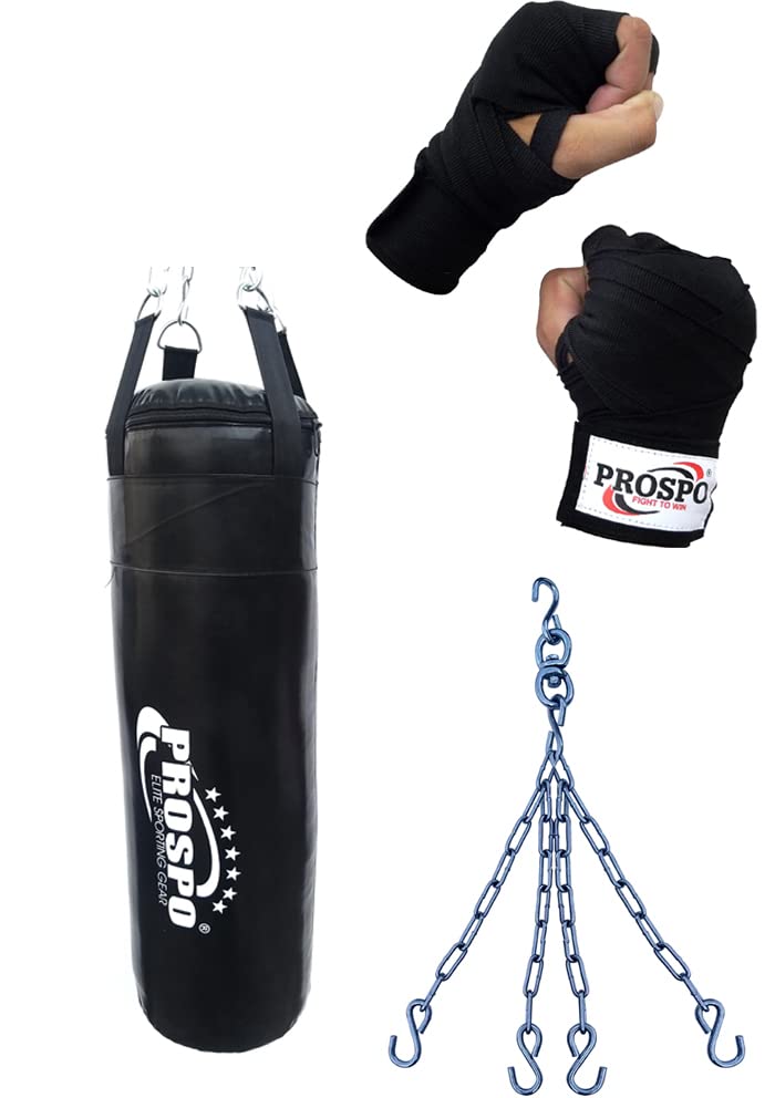 Prospo Synthetic Leather Heavy Bag with Chain and Hand-wrap, Boxing Wraps, Boxing Bag, Boxing Kit, Boxing Kit for Men, Boxing Heavy Punching Bag Filled, Boxing Heavy Bag Filled, Boxing Kit for Kids, Boxing Kit with Chain and Handwrap 108 Inch (24 Inch Filled)