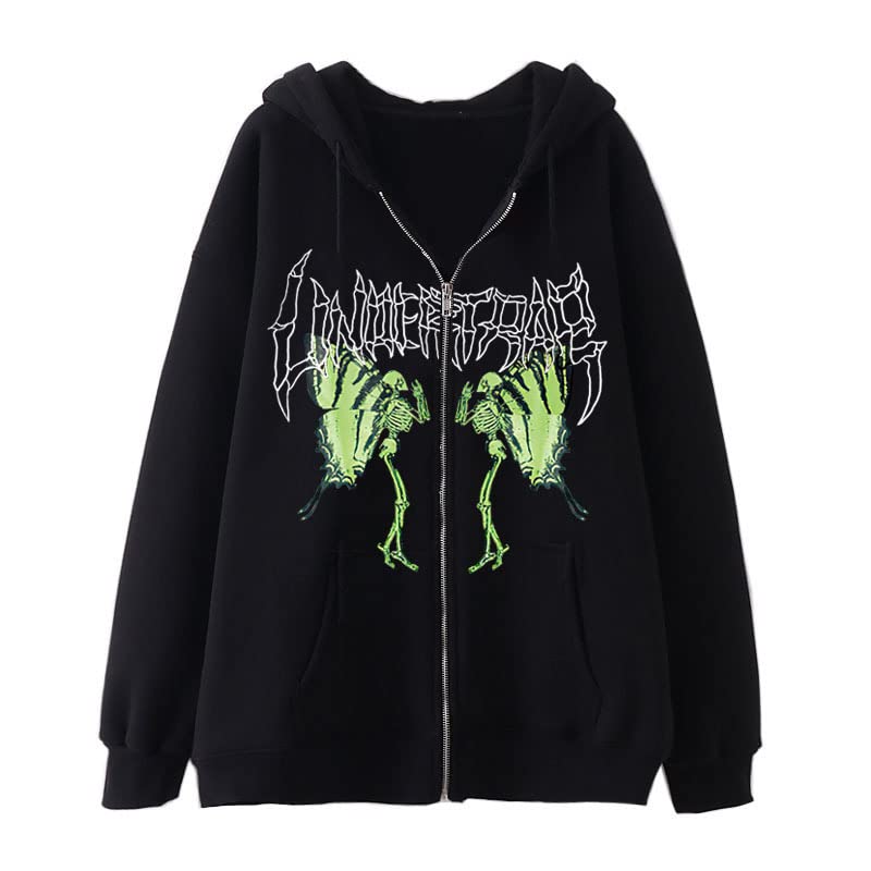 Aobiono Women Men Y2K Zip Up Oversized Hoodie Gothic Skeleton Butterfly Emo Grunge Alt Graphic Baggy Fleece Jacket Vintage 90