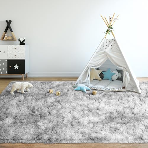 5x7 Tie Dyed Grey Fluffy Area Rugs for Bedroom, Soft Indoor Plush Rug for Living Room, Large Furry Fuzzy Shag Floor Carpet for Kids Nursery Boys Room Dorm Classroom Home Office Decor Mat